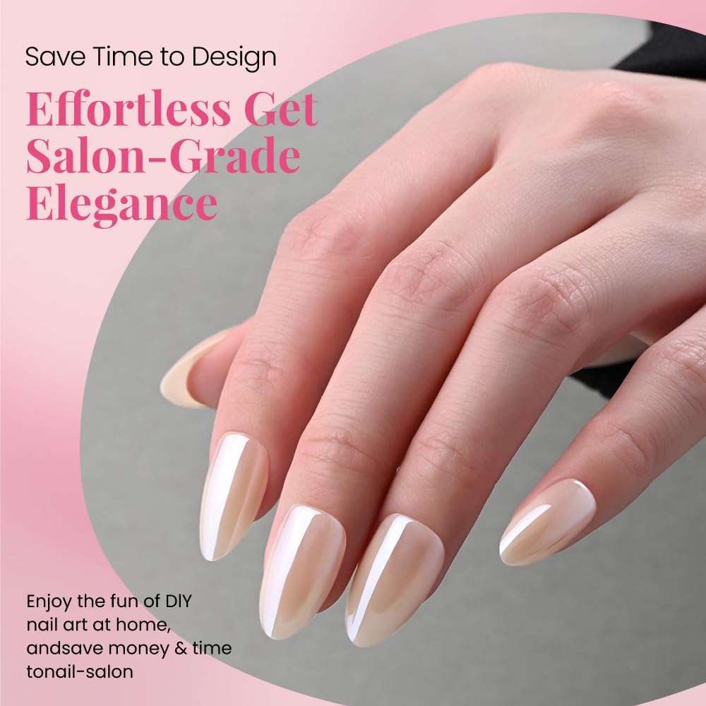 Press on Nails Short Almond - Nude Chrome Glazed Glossy Press on Nail Tips Glue On Nails with Nail Glue for Gift, Reusable Stick On Nails in 15 Sizes - 30 Full Cover Acrylic Soft Gel Fake Nails Kit
