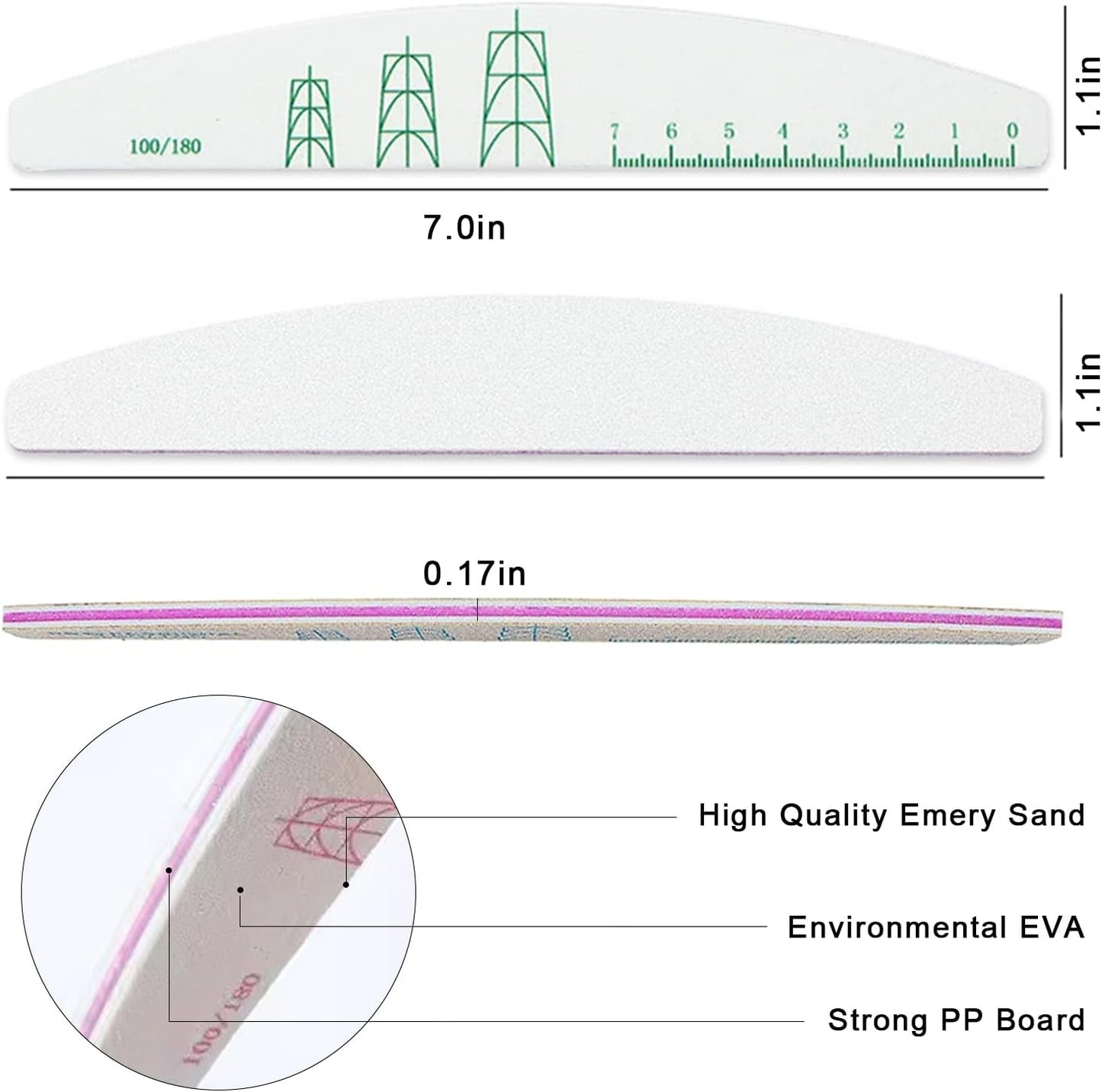 JERCLITY 10 Pieces 100/180 Grit Nail File Professional Double Sided Nail Files with Shape Guides and Ruler Manicure Pedicure Tool Nail Buffering Files