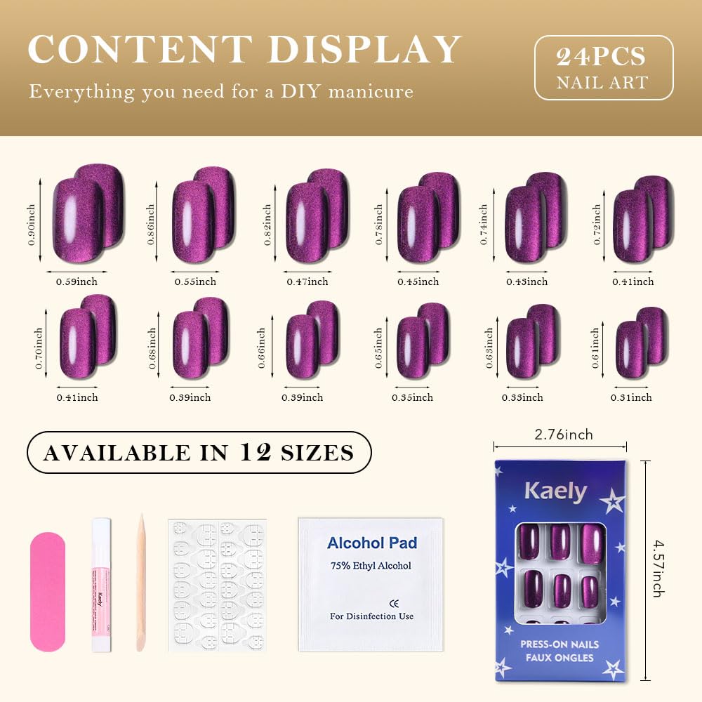 Purple Cat Eye Press on Nails Medium Square, Medium Square Glue on Fake Nails for Women Gift, Dark Purple Holographic Glitter Glossy Reusable Soft Gel Stick Press on Acrylic False Nail with Designs