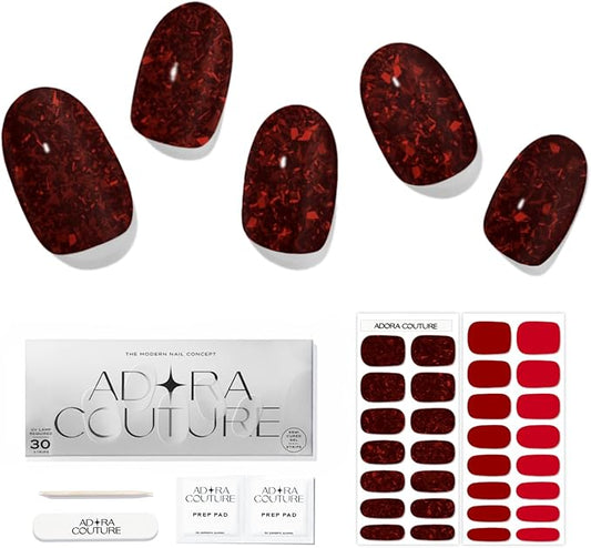 Semi Cured Gel Nail Strips with 30 Pieces - Salon Quality Manicure Kit for Women Easy Application Wraps Includes Prep Pads Nail File Wooden Stick, UV Light Required (Flake Ruby)