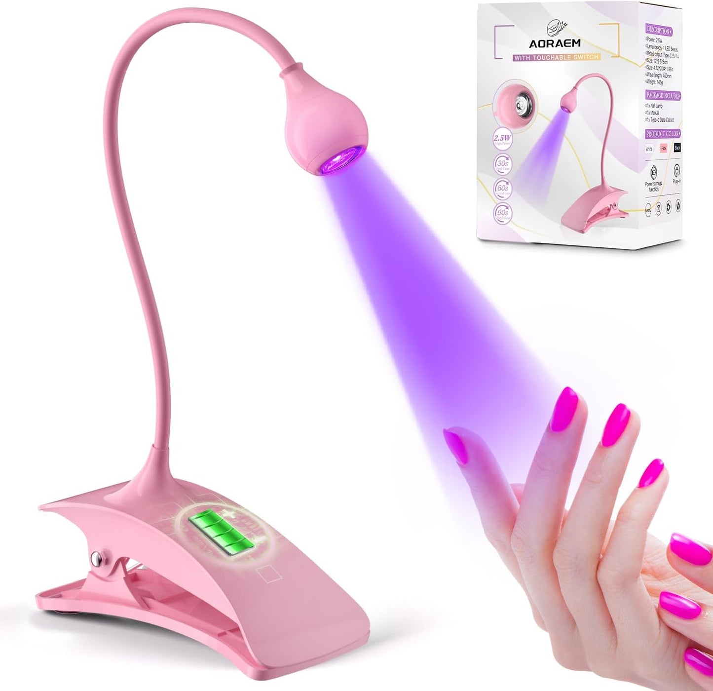 AORAEM UV Nail Lamp Rechargeable Gooseneck UV Light for Gel Nails Touch Flash Cure Lamp Nail Dryer with Clamp, Portable LED Gel Light 3 Level Timing Home Professional DIY Manicure Salon (Pink)