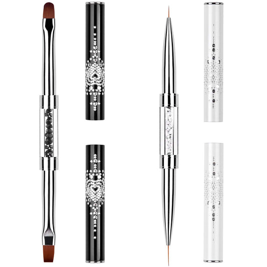 2Pcs Dual-ended Nail Design Brushes Rhinestone Handle UV Gel Nail Brush Set Professional Nail Art Tools