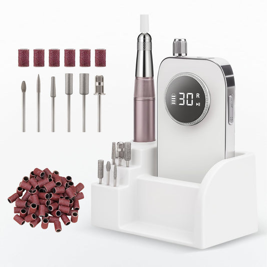 45000 RPM Nail Drill - Brushless Cordless Efile LCD Display & Heat Reduction Tech for Acrylic Gel Nails (White)