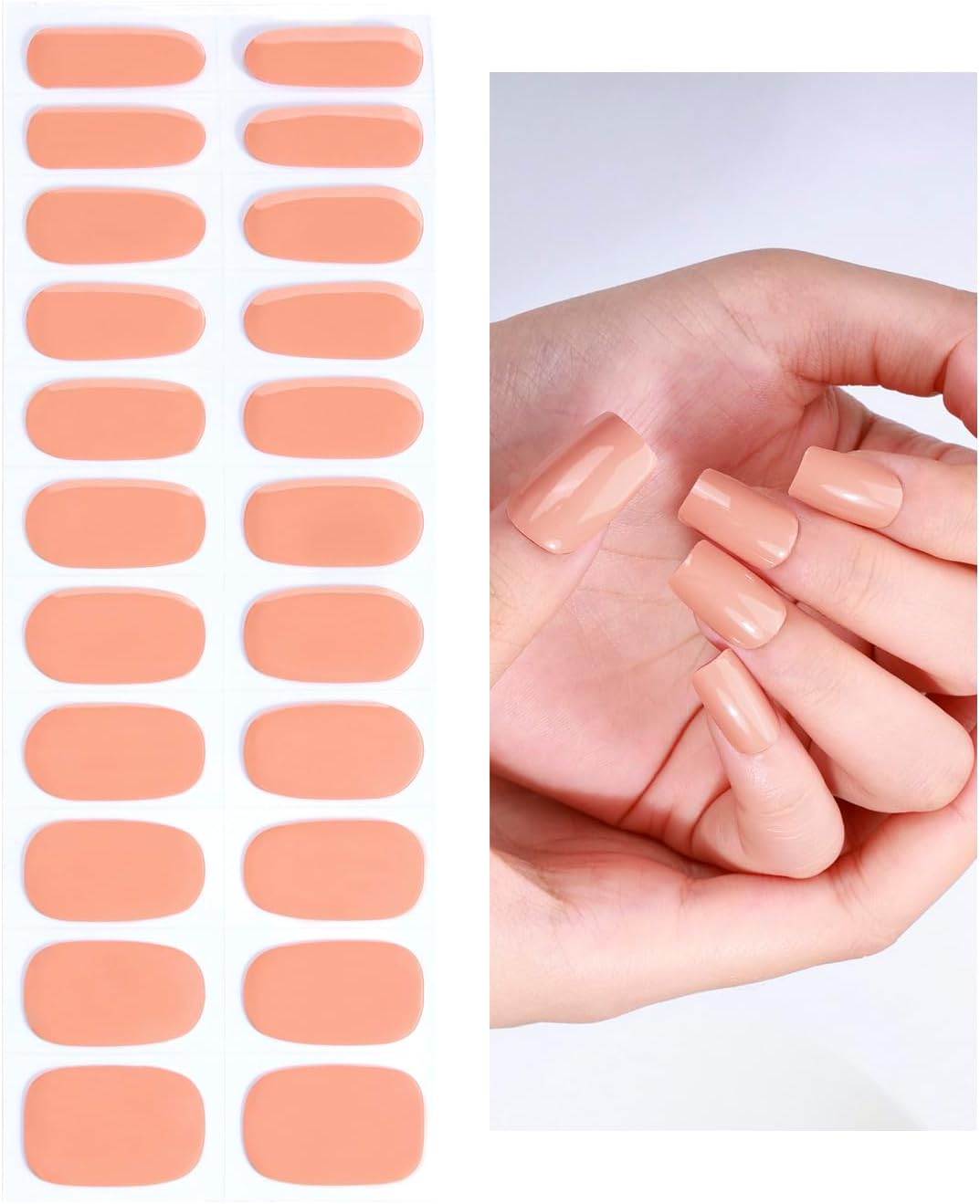 No Lamp Gel Nail Strips 22 Pcs Wraps - Pale Orange, Solid, Easy Apply Gel Nail Stickers Long Lasting, Salon-Quality, 2 Prep Pads, 1 File, 1 Wooden Stick