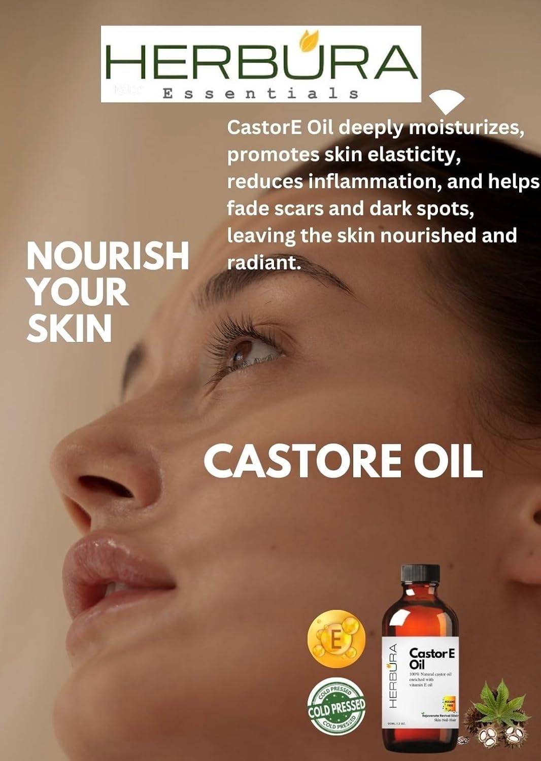 Natural Ricinoleic Acid | 100% Natural Cold Pressed Castor Oil Enriched with Vitamin E Oil for nourishing Hair-Nail-Skin, dropper and brushes included, 3 pieces