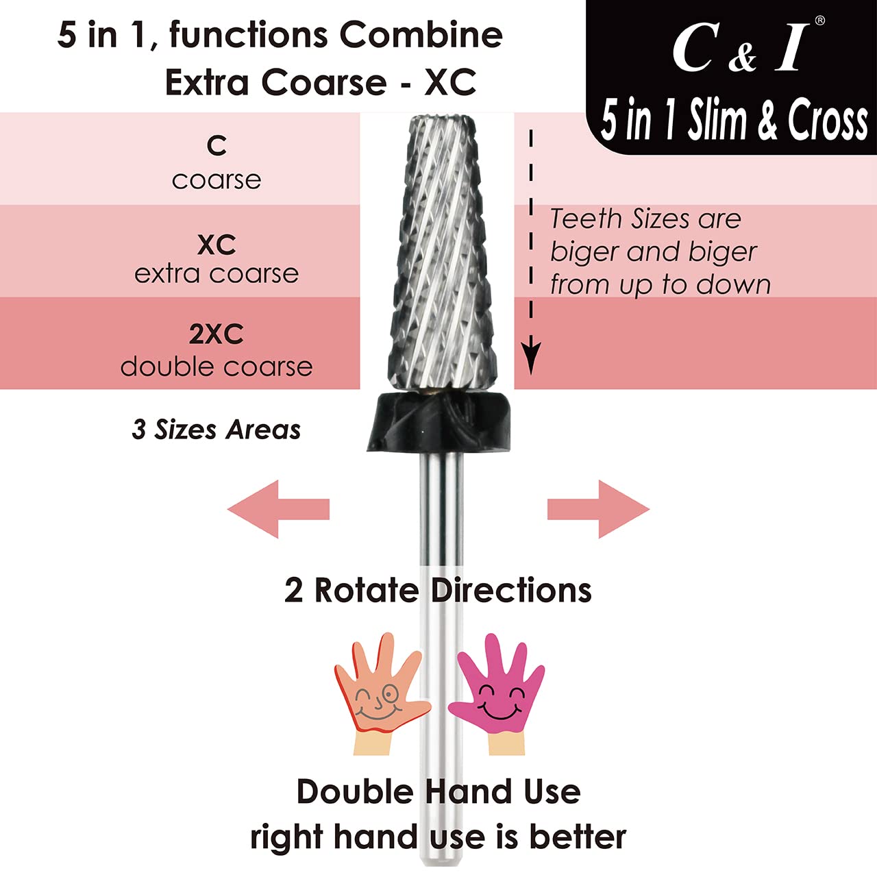 C & I 5 in 1 Nail Drill Bit, Cross & Slim Edition, Professional Nail Drills for Electric Manicure Drill Machine (Extra Coarse -XC)