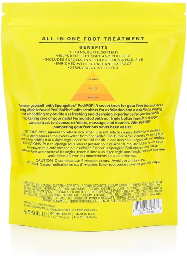 Spongellé Juicy Orange PediPOP! Pedi Buffer & Nail File | All-in-One Pedicure Treatment | Exfoliates, Softens & Cleanses | 30+ Washes | Vegan & Cruelty-Free