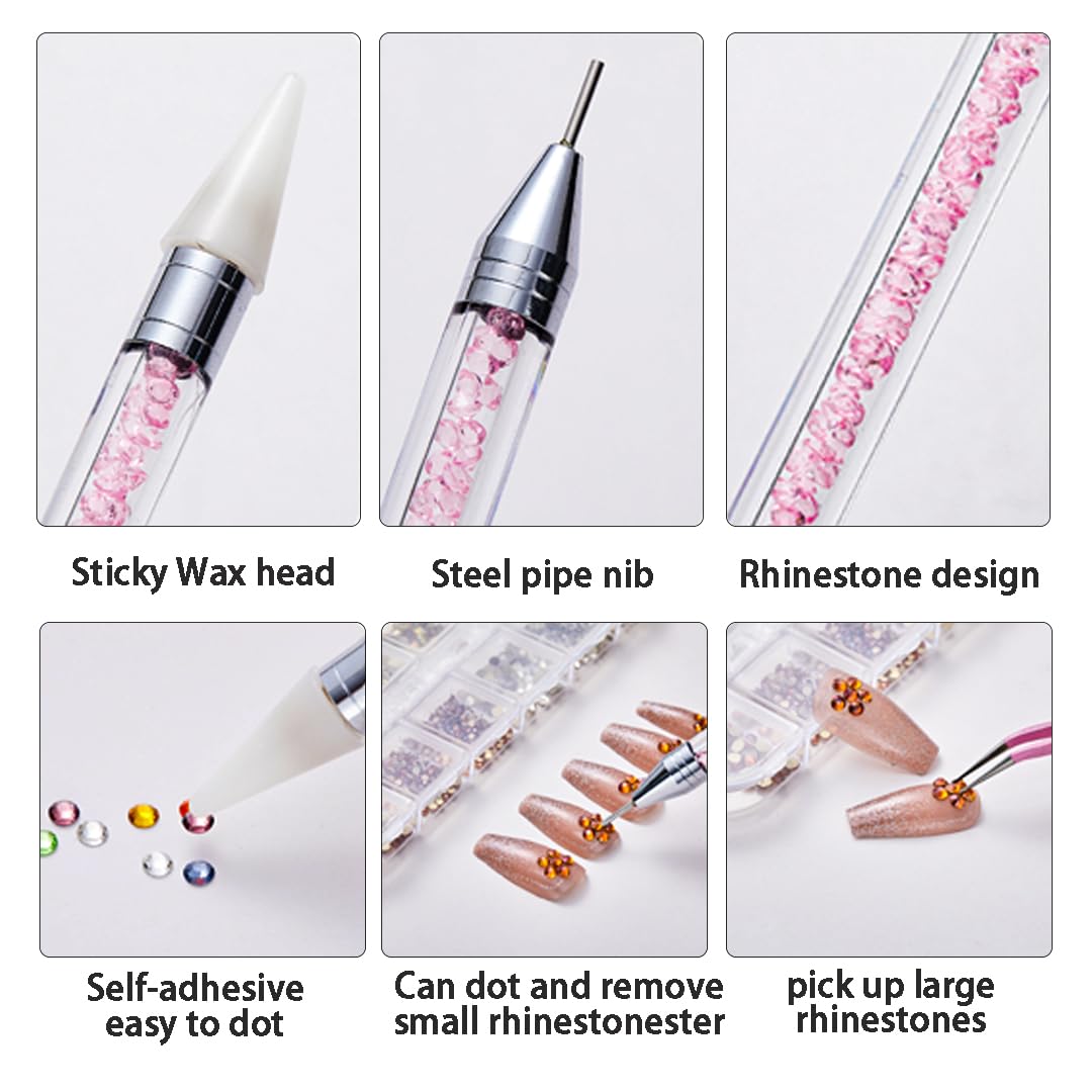 12 grid flat back Rhinestones with Tweezers and Wax Pencil Gems , DIY decorative Nail Face and apparel accessories (blue moonlight and champagne)