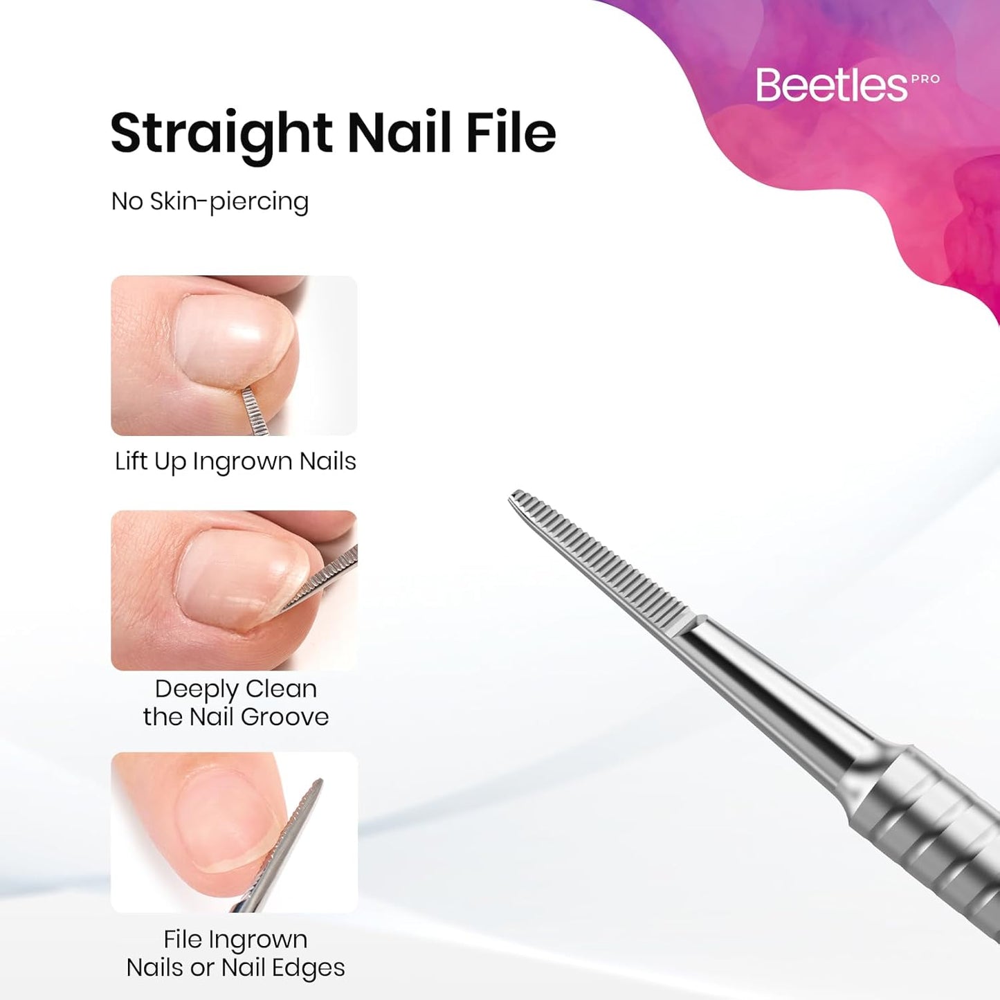 Beetles Dual-End Nail Pusher & Cuticle Cleaner - 14mm Serrated Edge & 5mm Curved Blade, Ergonomic Anti-Slip Handle, Professional Manicure Tool for Nail Care