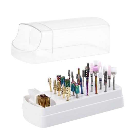 2 In 1 Nail Drill Bits Holder & Nail Drill Bits Cleaner Case,30 Holes Dustproof Nail Art Drill Bits Stand for Nails Display Organizer Container Manicure Tools (Not Include Nail Drill Bits) White