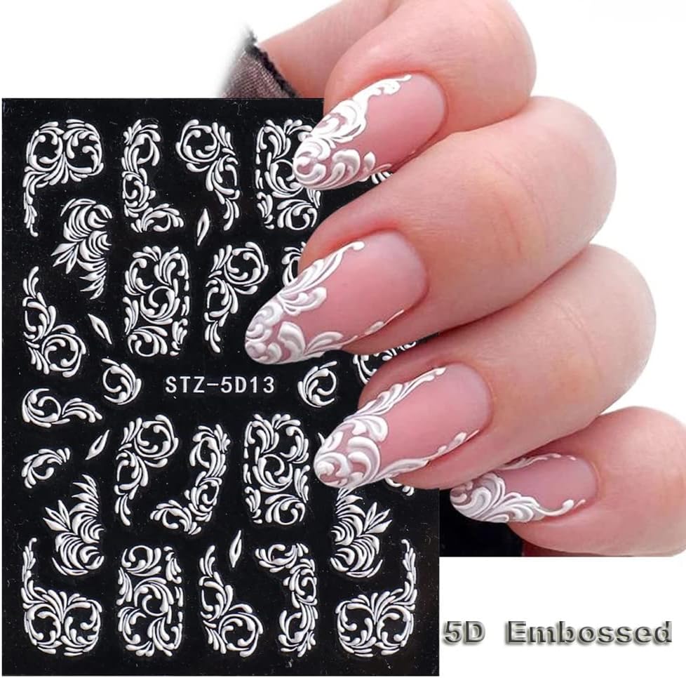 Flower Nail Art Stickers Decals, 8 Sheets 5D Engraved Flower Nail Decals White Wedding Nail Art Accessories French Tips Nail Designs Self Adhesive Lace Flower Carving Nail Stickers for Women Girls