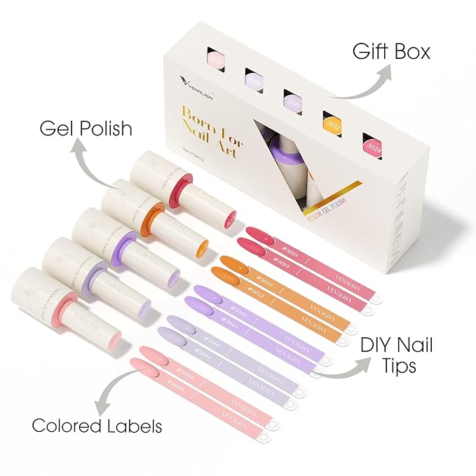 VENALISA 10 ML Gel Nail Polish Set with DIY Nail tips Kit, 5 Pcs Pink Purple Orange Gel Polish Color High Gloss Soak Off U V Nail Manicure Salon DIY