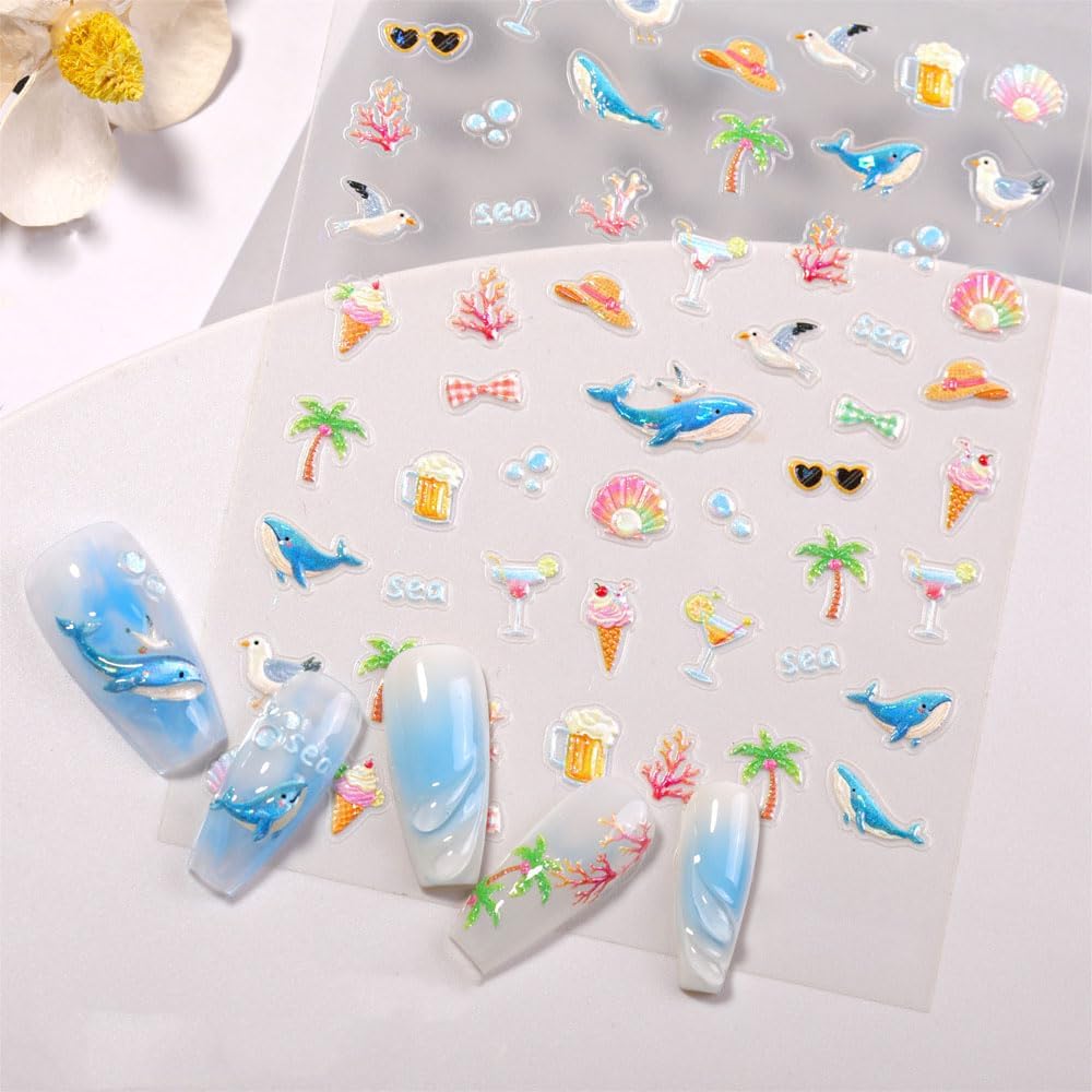 Summer Beach Theme 3D Nail Art Stickers, 2 Sheets, Self-Adhesive Embossed Ocean Designs with Fish, Coral, Seaweed, Palm Trees for Nail Decoration, Vacation Manicure