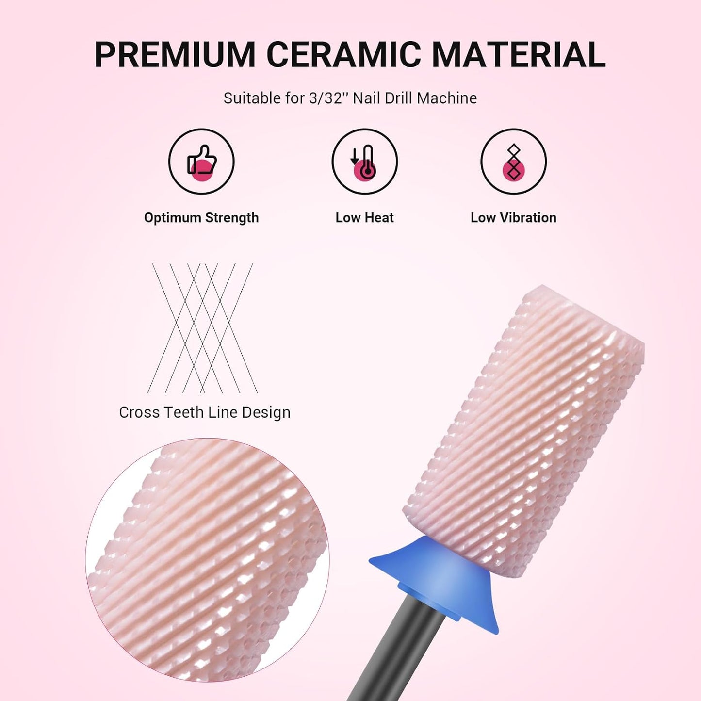 MelodySusie Ceramic Nail Drill Bits, 3/32'' Chamfer Flat Top Large Barrel Bits, Fast Remove Acrylic or Hard Gel, Nail Tool for Manicure Pedicure, Salon Home, Professional or Beginner, Pink, Medium