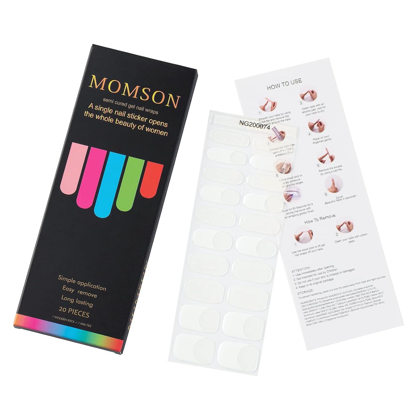 MOMSON Semi Cured Gel Nail Strips - 20 Real Gel Nail Polish Stickers/Full Nail Wraps - Art Manicure Kits for DIY at Home, Salon-Quality, Easy to Apply & Remove (Transparent, White Star)