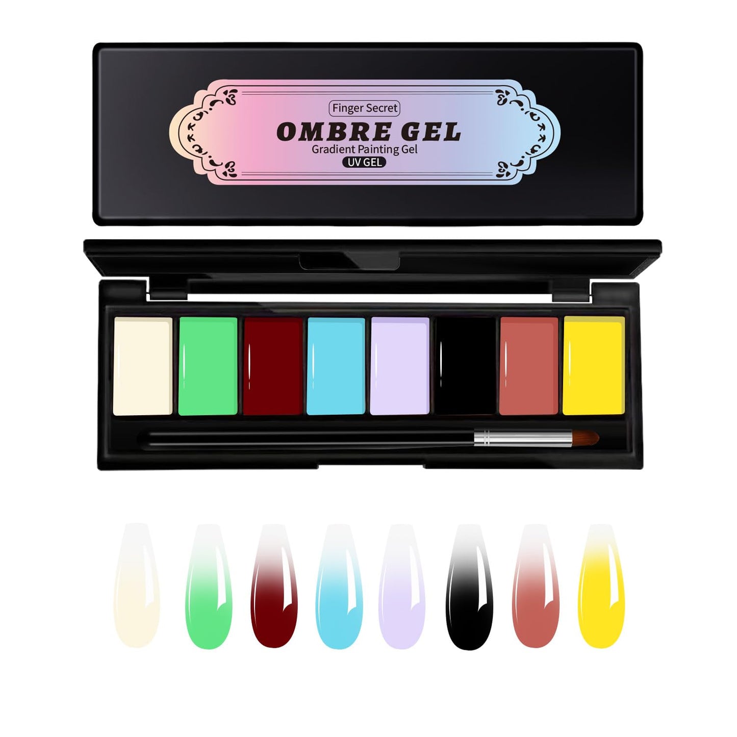 Finger Secret 8 Colors Ombre Gel Pat Nail Polish Set,Ombre Pigment for Nails,Gradient Painting Gel with 50Pcs Nail Sponges for 3D Gels Nail Art can be Painted in Salon or Home Use