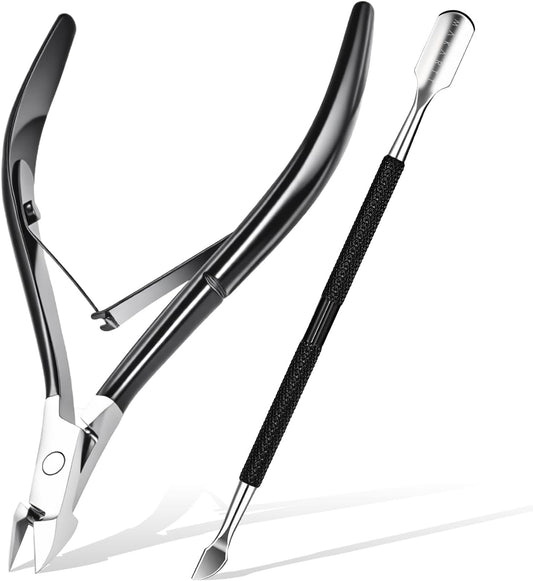 Makartt Cuticle Trimmer with Cuticle Pusher - Sharp Cuticle Nipper with Dual Spring, Ergonomic Handle, 7mm Blade & Dual-Ended Pusher for Nail Care & Gel Removal, Black