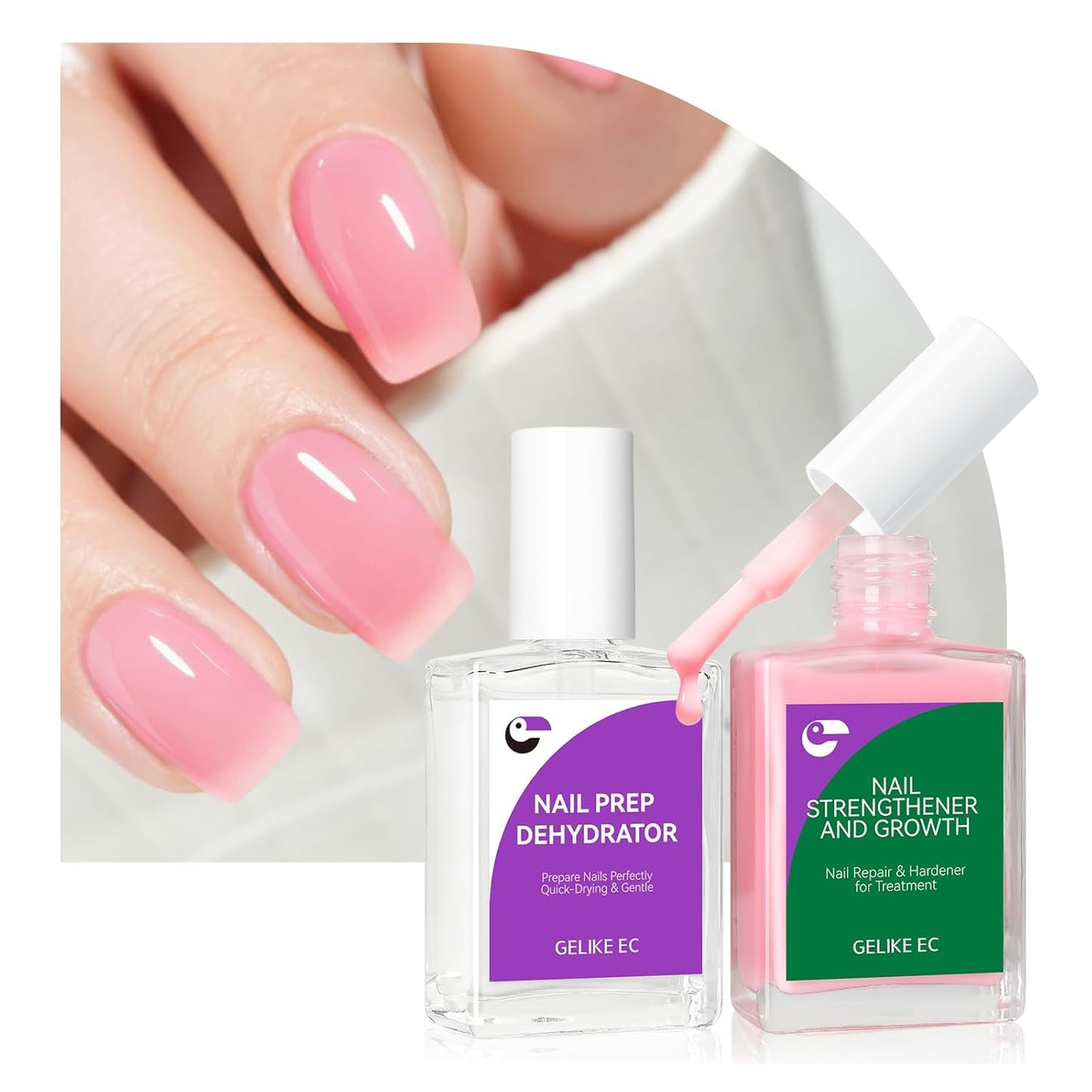 Gelike EC Nail Strengthener Dehydrator Kit: Soft Pink 6-in-1 Strengthener and Dehydrator Set for Stronger in 14 Days - Vegan Allergy-Friendly for Gel Lovers & Sensitive Users