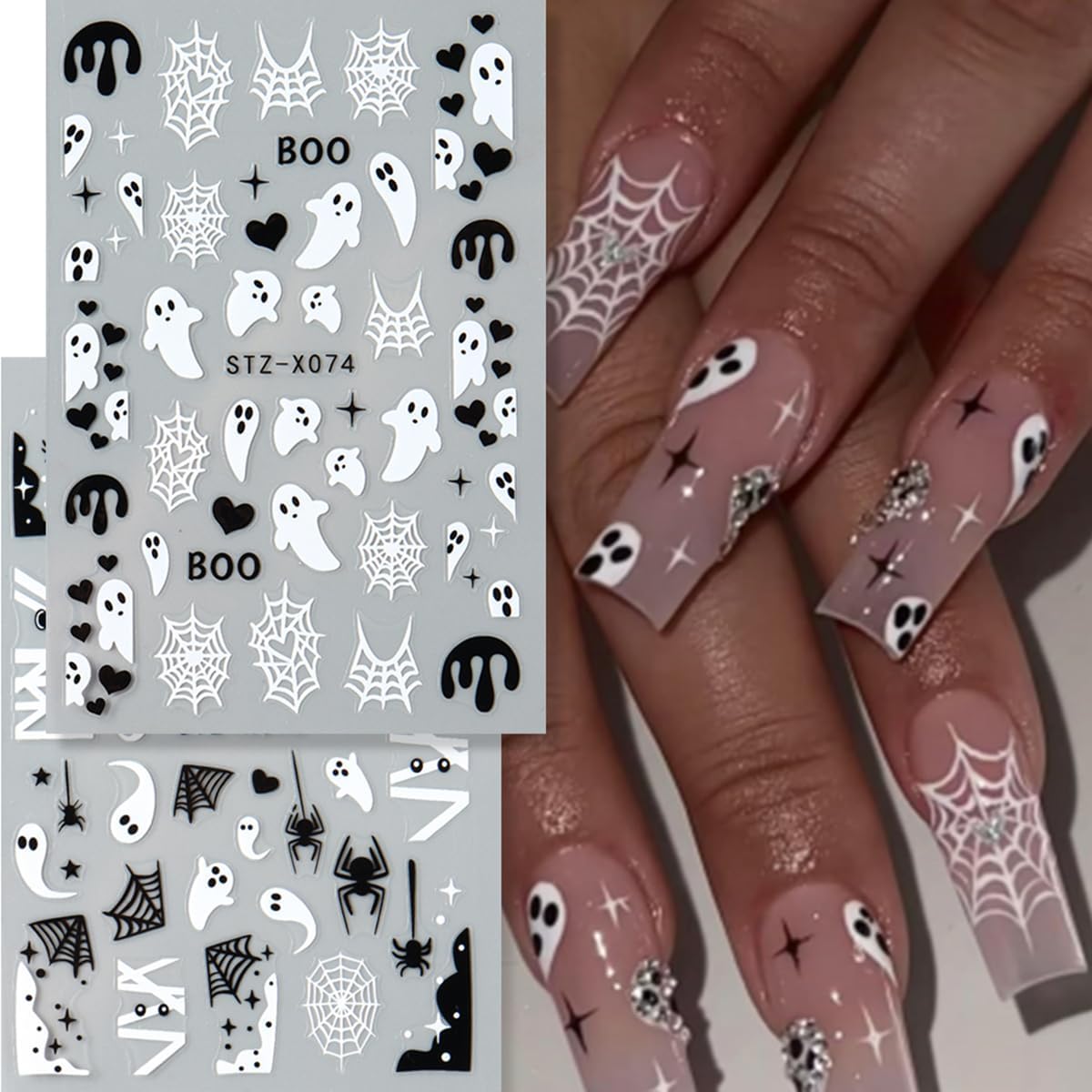 Halloween Nail Art Stickers Decals 3D Ghost Spider Web Nail Stickers 6PCS Cute Ghost Love Heart Spider Web Bandage Eye Ball Halloween Nails Design Adhesive Stickers for Women DIY Nail Art Decorations
