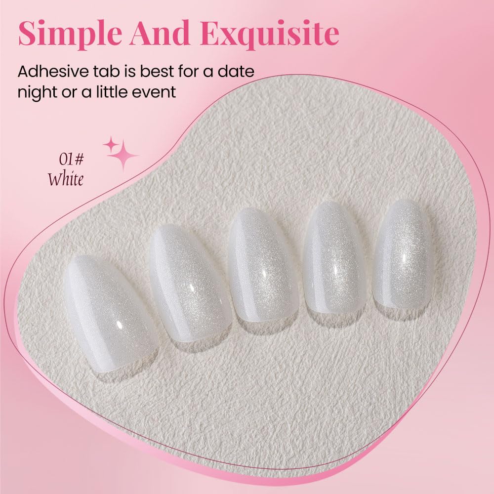 evpct Cat Eye Press on Nails Almond Short, Cat Eye Stick on Nails Press on, Pearl White Glitter Short Almond Press Glue on Nails, Fake Nails Press ons with glue, 30Pcs Reusable Acrylic Fake Nails Kit