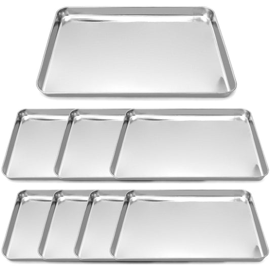QWORK Stainless Steel Surgical Tray, Flat Bottom Tray, for Medical Instruments, Tattoo, Surgical Supplies, 15 3/4 x 11-13/16 x 1 5/16 inch, 8 Pack