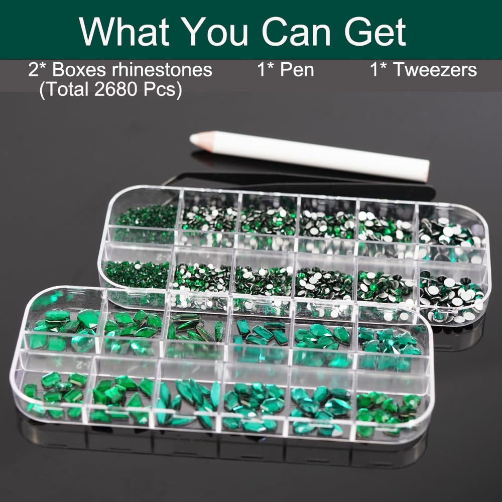 2680Pcs Emerald Green Nail Rhinestones, 120Pcs Big Glass Green Diamond Nails Gem Stones with Bling Flatback Round Beads, Clear Nail Art Charms Jewelry for Face DIY Decoration with PickTool