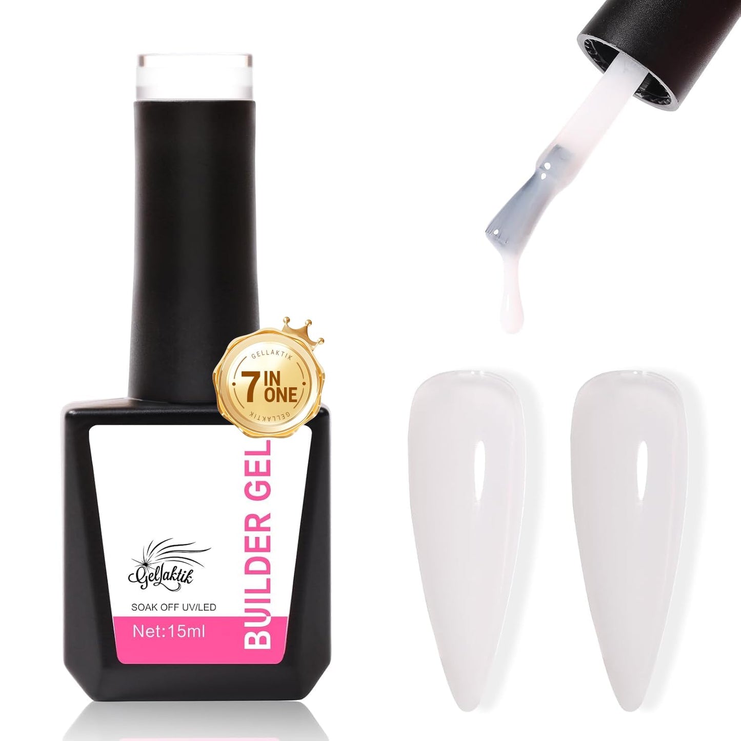 Builder Gel for Nails, 15ml 7 in 1 Builder Gel Nail Polish, LED Lamp Cured for Clear Rubber Base & Strengthener Extensions, Thickening, Repair, Salon-Quality DIY Manicure (White)