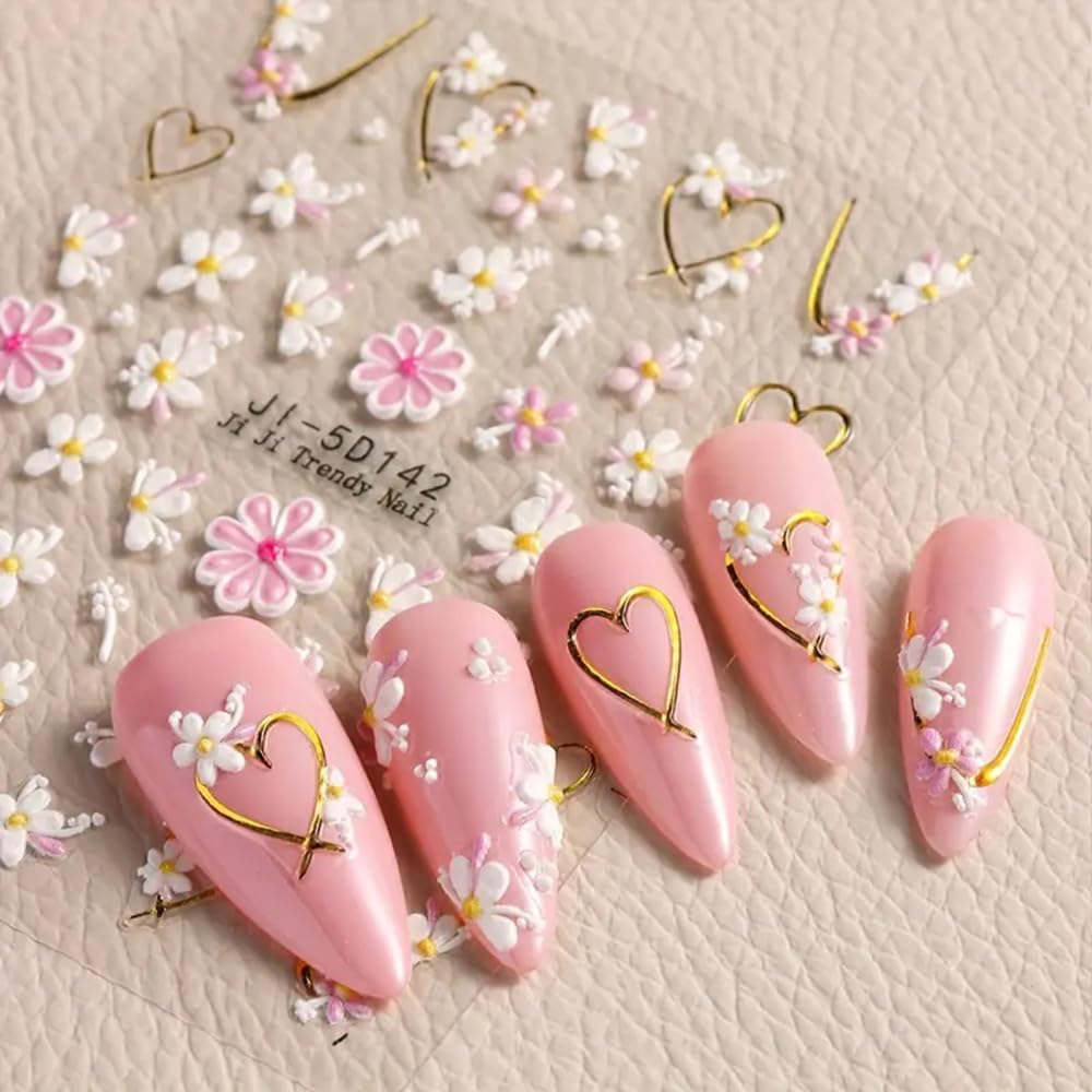 3Pcs Flower Nail Art Stickers Decals 5D Pink Flowers Nail Stickers Spring Relief Blue Butterfly Design Nails Art Decals for Decorations Flower Stickers for Nails Manicure Sliders for Women