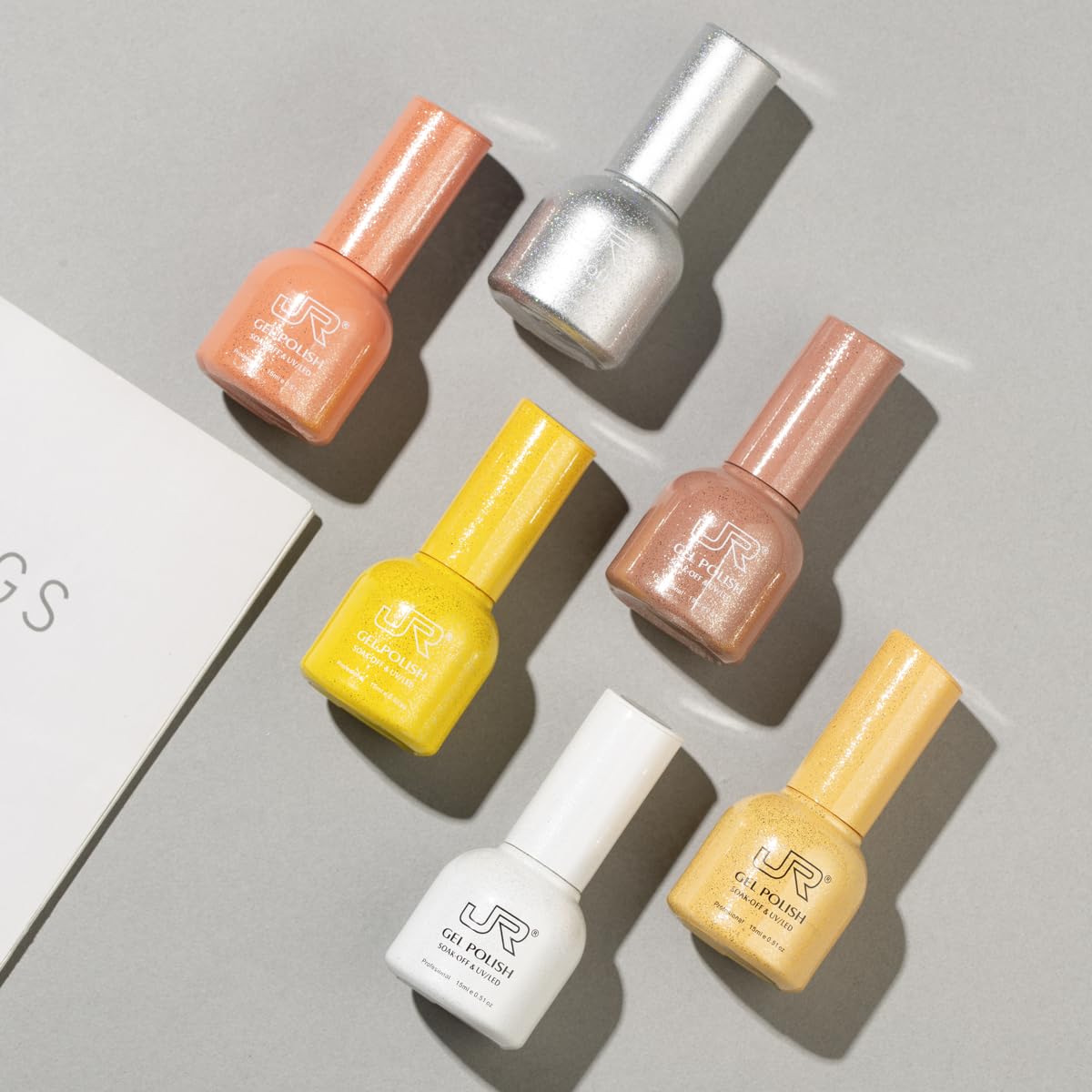 JR 6Pcs Colorful Collection Gel Nail Polish Sparkly Shiny Soak Off White Silver Brown Gel Polish Nail Art Salon Design for Women (137P, 15ml)