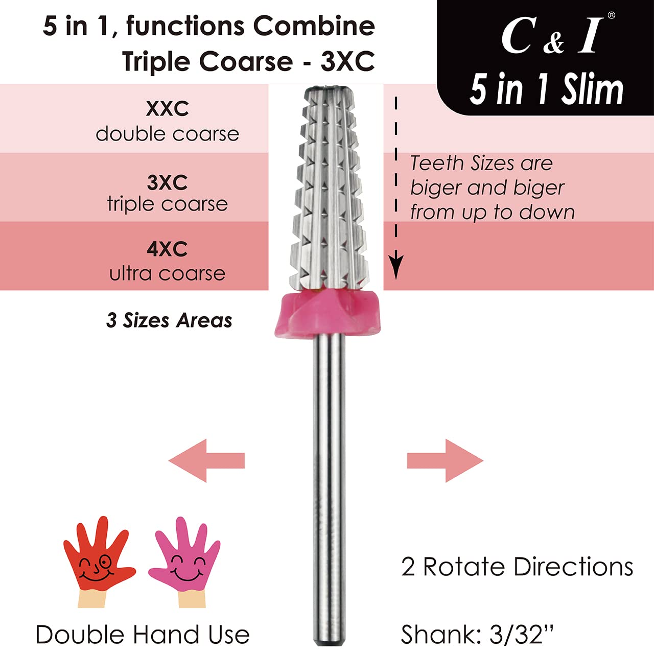 C & I 5 in 1 Nail Drill Bit, Slim Edition, Professional Manicure Drills for Electric Nail Drill Machine (Triple Coarse -3XC)