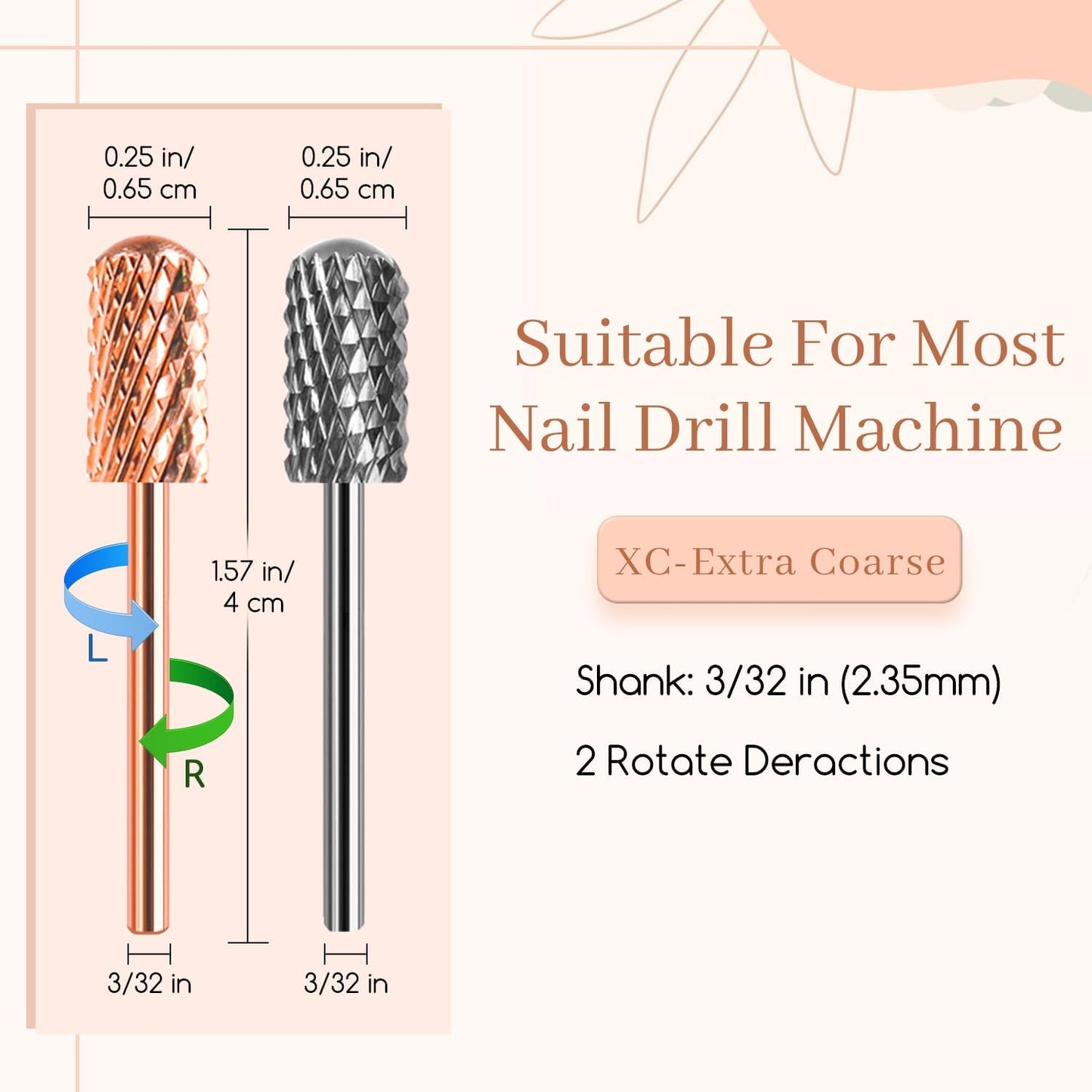 Nail Drill Bits Smooth Top 2PCS, Drill Bits for Nails Tungsten Carbide Bits for Acrylic, 3/32" Safety Nail Bits for Removing Acrylic/Hard Gel for Salon Experienced, Extra COARSE(XC)