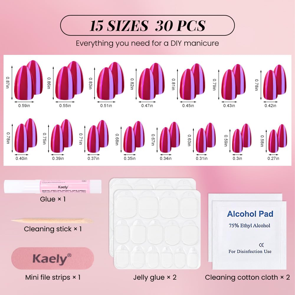 evpct Dark Red Press on Nails Almond Short, Dark Purple Red Chrome Glazed Glossy Short Almond Soft Gel Press On Nails with Nail Glue for Women Gift, 15 Sizes 30Pcs Reusable Stick Acrylic Fake Nail Kit