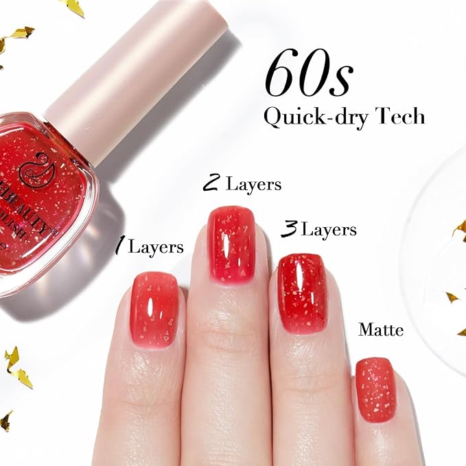 AZUREBEAUTY Red Nail Polish No Gel Quick Dry Gold Foil Glitter 2 Colors Nail Lacquer Natural Fingernail Kit DIY Salon Home Women Gifts 0.34oz