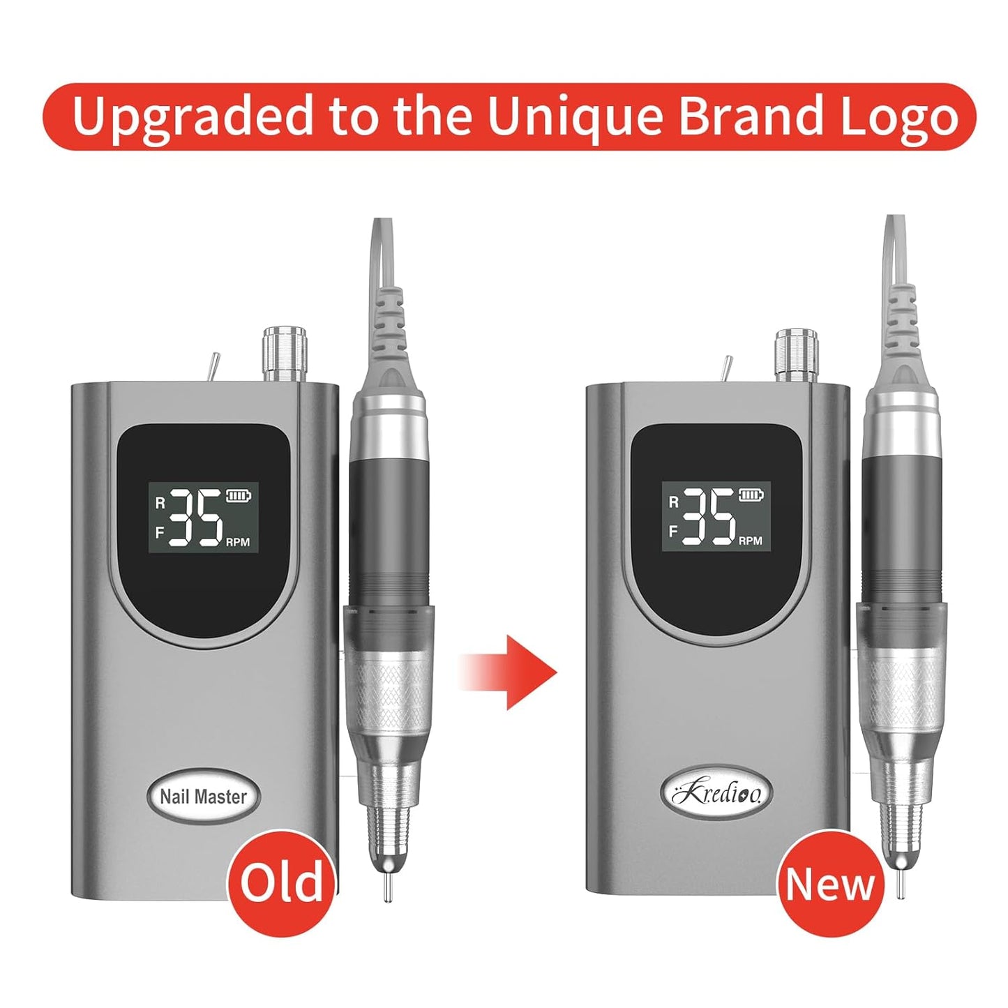 Kredioo Nail Drill 35000RPM Professional Electric Nail Drill Rechargeable Portable Efile Machine 6 Bits Kit Remove Acrylic Gel Nails Dip Powder for Salon Manicure Pedicure -Grey