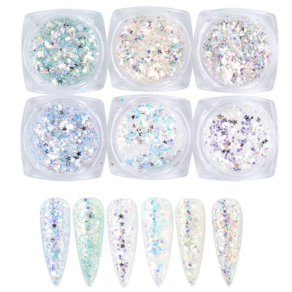 Holographic Nail Art Sequins Glitter Kits 6 Boxes 3D Nails Glitter Metallic Shining Flakes Acrylic Powder Dust Sequins for Nails Decoration Holographic Manicure Tips (Mixed Color - Fresh)