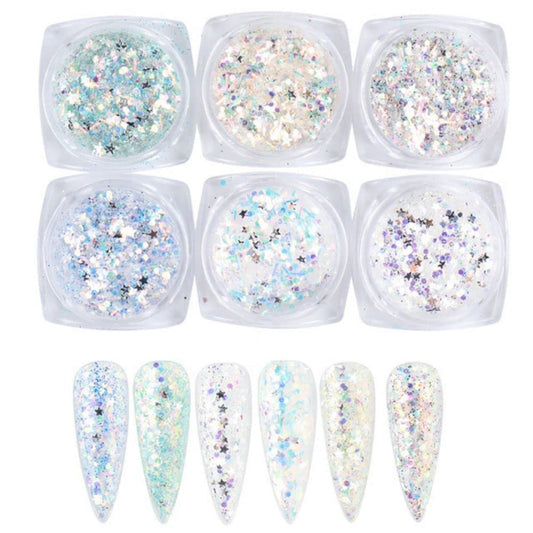Holographic Nail Art Sequins Glitter Kits 6 Boxes 3D Nails Glitter Metallic Shining Flakes Acrylic Powder Dust Sequins for Nails Decoration Holographic Manicure Tips (Mixed Color - Fresh)
