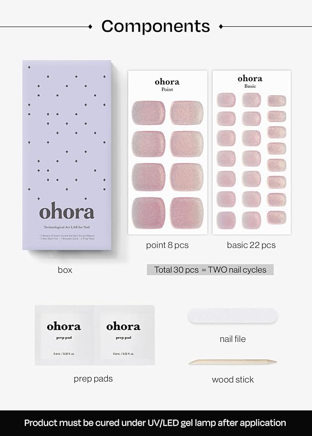 ohora Semi Cured Gel Pedi Strips (P Rosy Chrome) - Works with Any Nail Lamps, Salon-Quality, Long Lasting, Easy to Apply & Remove - Includes 2 Prep Pads, Nail File & Wooden Stick