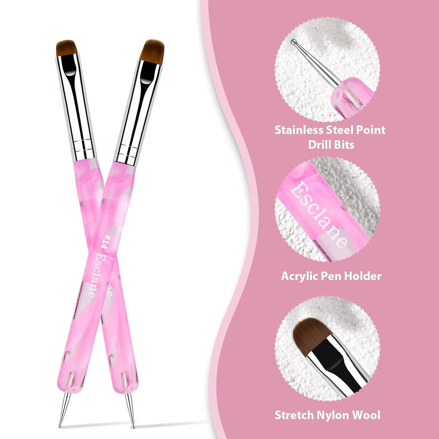 French Manicure Brush, Esclane 2 Way French Nail Brush with Dotting Tool for Manicure Cuticle Clean Up Nail Art Design, French Tip Brush (Pink, #14)