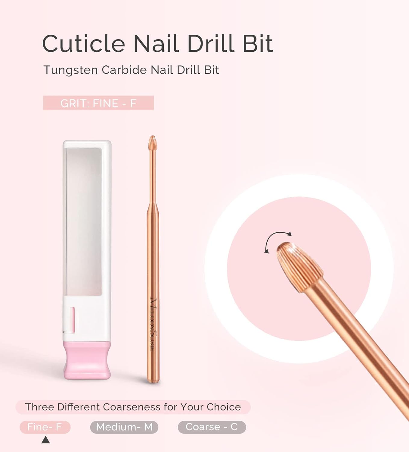 MelodySusie Cuticle Clean Nail Drill Bit 3/32'', Professional Safety Carbide Under Nail Cleaner Nail Bit for Cuticle Dead Skin Nail Prepare, Two Way Rotate, Nail Salon Supply(Rose Gold, Fine)