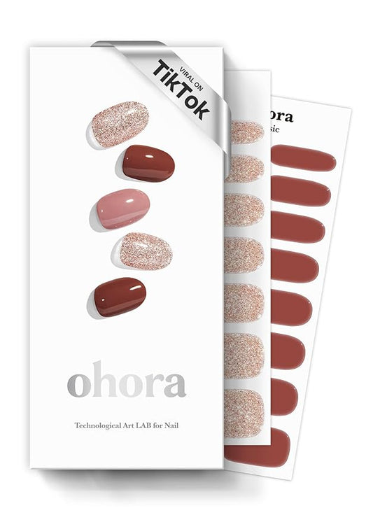 ohora Semi Cured Gel Nail Strips (N Heimish) - Brown, Glitter, Works with Any UV/LED Lamps, Salon-Quality, Long Lasting, Easy to Apply & Remove - Includes 2 Prep Pads, Nail File & Wooden Stick