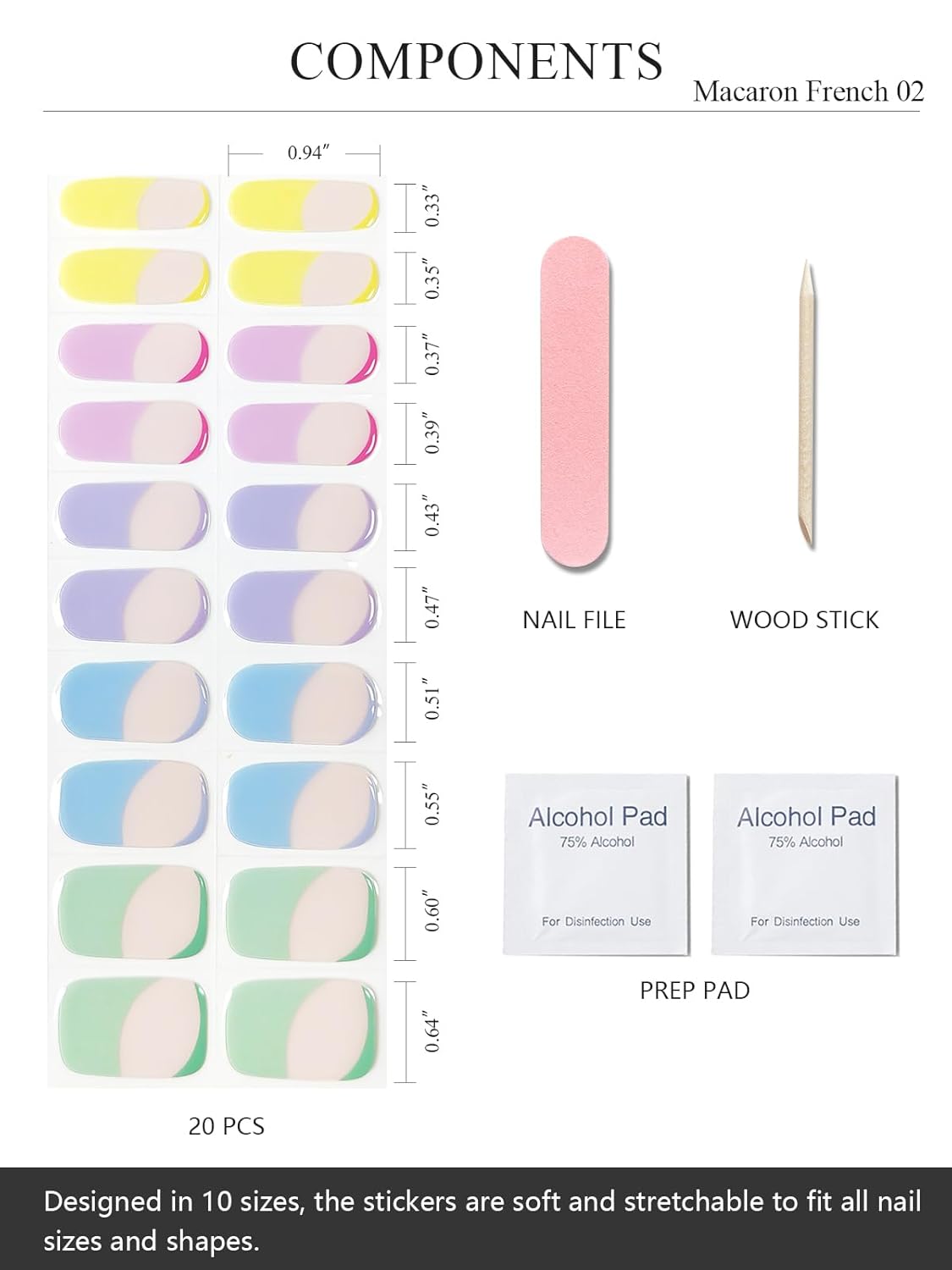 Semi Cured Gel Nail Strips (Macaron French 02), 20 Pcs Gel Nail Wraps, Stickers, UV Light Required, Salon Quality, Long Lasting