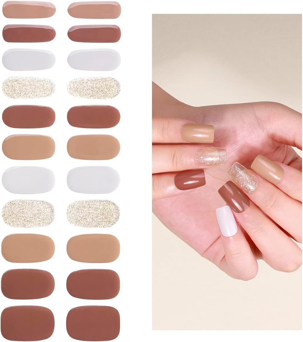 No Lamp Gel Nail Strips 22 Pcs Wraps - Brownish Gold Glitter, Easy Apply Gel Nail Stickers Long Lasting, Salon-Quality, 2 Prep Pads, 1 File, 1 Wooden Stick