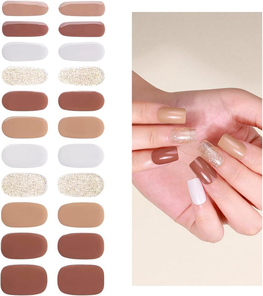 No Lamp Gel Nail Strips 22 Pcs Wraps - Brownish Gold Glitter, Easy Apply Gel Nail Stickers Long Lasting, Salon-Quality, 2 Prep Pads, 1 File, 1 Wooden Stick