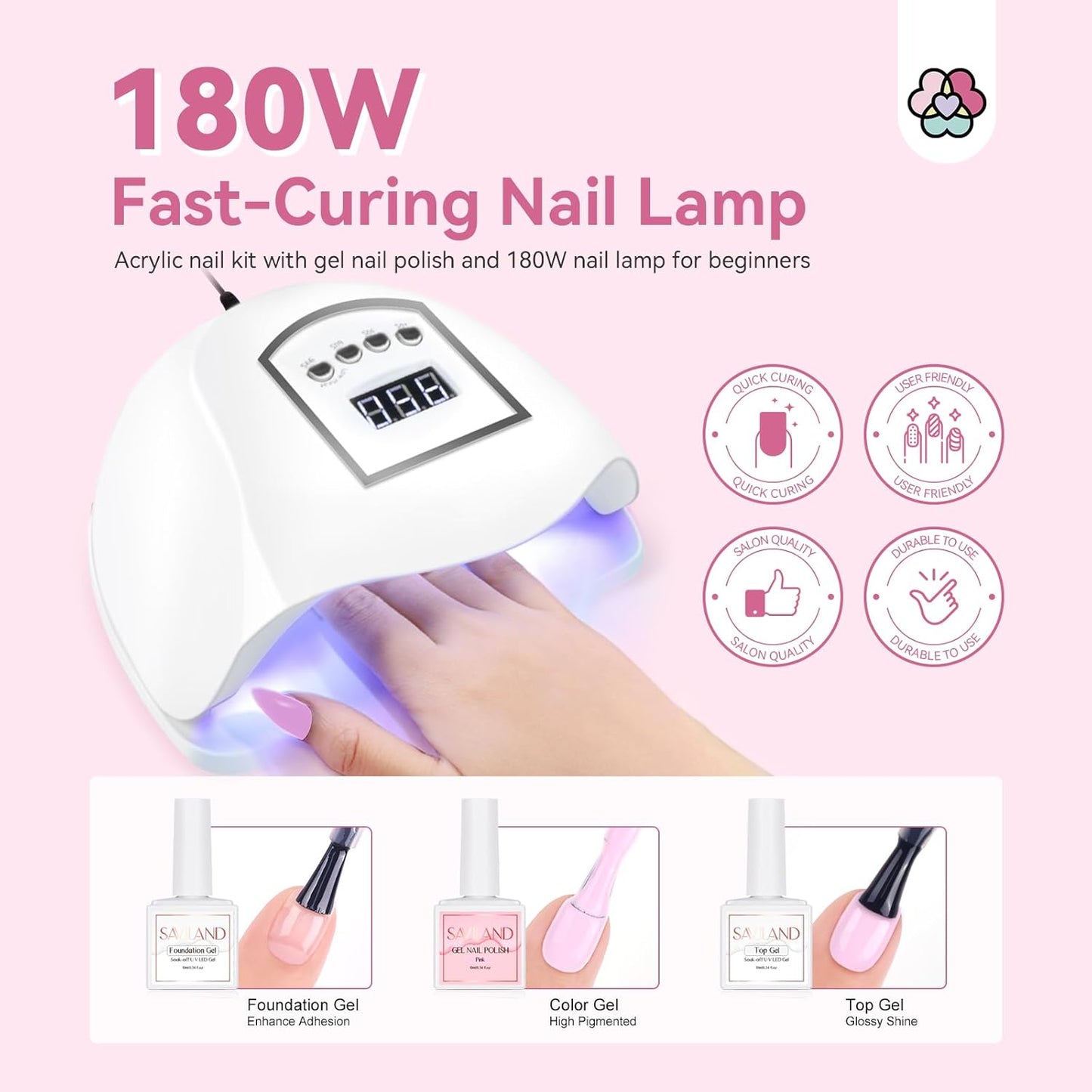 Saviland Acrylic Nail Kit for Beginners: Keratin Acrylic Powder Castor Oil Vitamin E Gel Nail Polish Primer 180W Nail Lamp Nail Drill Full Tools Everything Home Starters