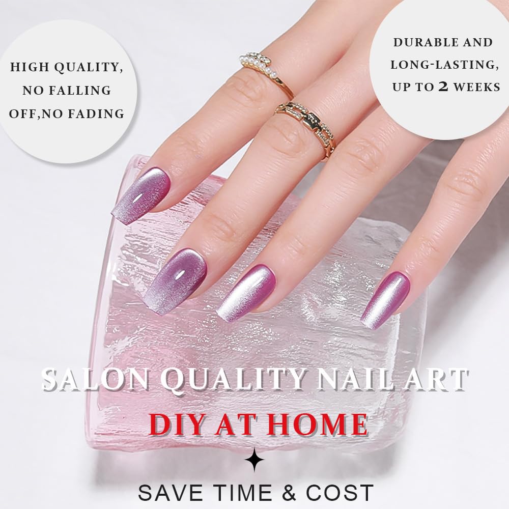 evpct Purple Cat Eye Coffin Press on Nails Square Medium, Medium Square Glue on Nails for Women Gift, Lavender Purple Metallic Glitter Glossy Reusable Summer Gel Press on Fake Nail with Designs, 24Pcs