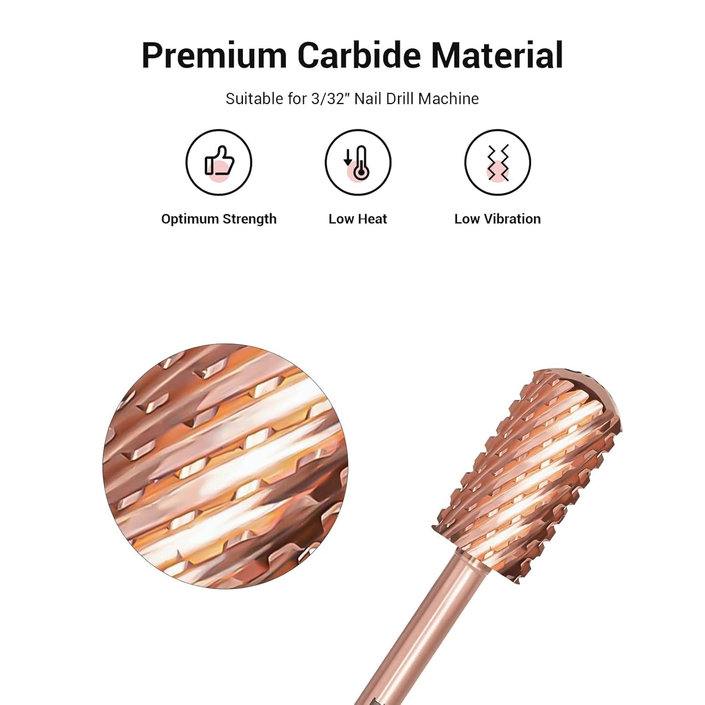 MelodySusie Safety Nail Drill Bits, 3/32'' Smooth Round Top Large Barrel Carbide Bits, Suitable for Manicure Pedicure Cuticle Gel Polishing, Beginners Bits, Rose Gold, Series Bit-S, Double Coarse