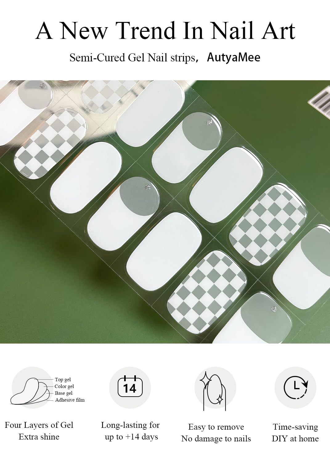 Semi Cured Gel Nail Strips (White Checkered), French, 20 Pcs Gel Nail Wraps, Stickers, UV Light Required, Salon Quality, Long Lasting