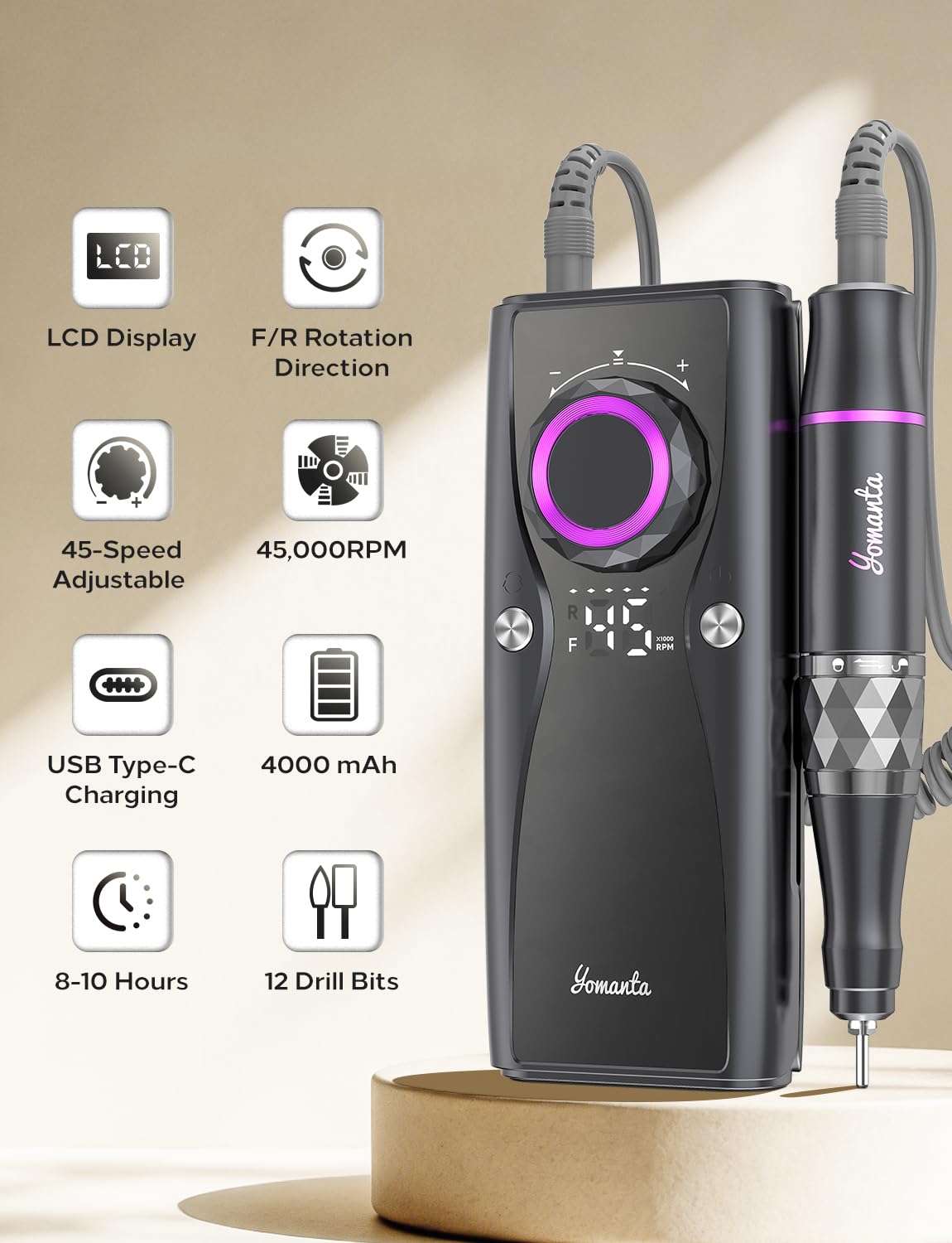 Electric Nail Drill Professional Kit: 45,000 RPM USB Rechargeable Efile Nail Drill Nail File with 12 Bits for Polishing Gel/Acrylic Nails- Portable Manicure Tool Set for Salon/Home-Black