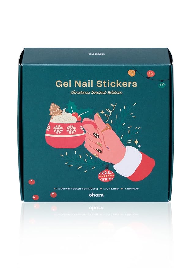 ohora Semi Cured Gel Nail Strip (2024 Christmas Gift Set (Limited Edition)) - Works with UV/LED Lamps, Salon-Quality, Long Lasting, Easy to Apply/Remove - Includes 2 Prep Pads, Nail File, Wooden Stick