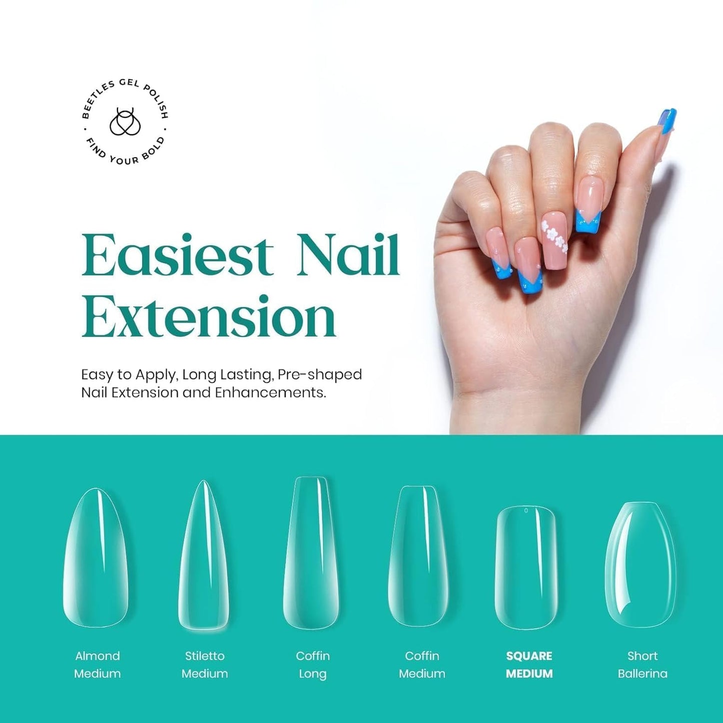 Beetles Medium Square Nail Tips, 500Pcs Nail Kit Medium Square Pre Shaped Clear Full Cover False Nails for Gel Art Polish Soak Off Lamp Nail Extensions Acrylic Press on Nail Tips